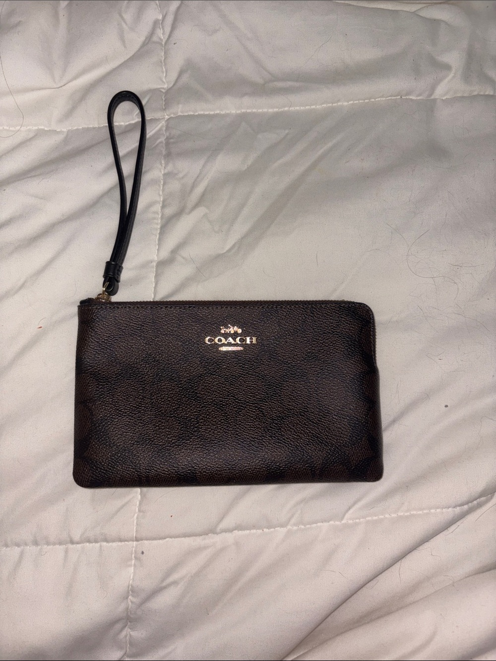 Coach Dark Brown Leather Wristlet with Gold Logo